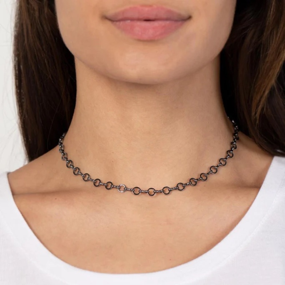 NEW Black Gunmetal Grunge Goth Link Choker Necklace & Earrings Jewelry Set